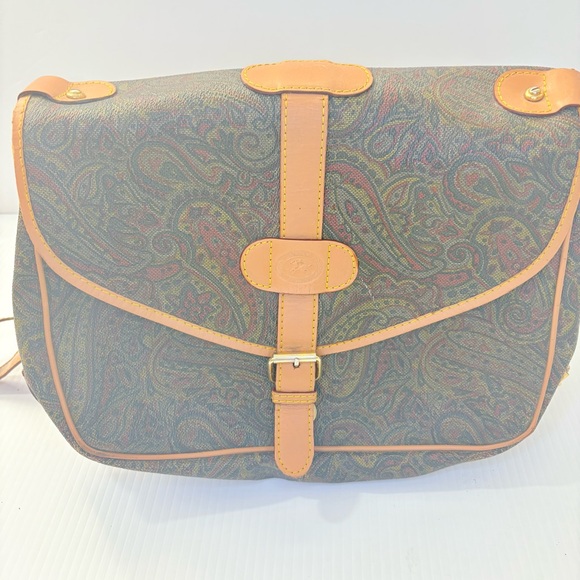 Vintage Longchamp Paisley Canvas Leather Messenger Bag Crossbody Satchel  Saddle - Picture 5 of 14